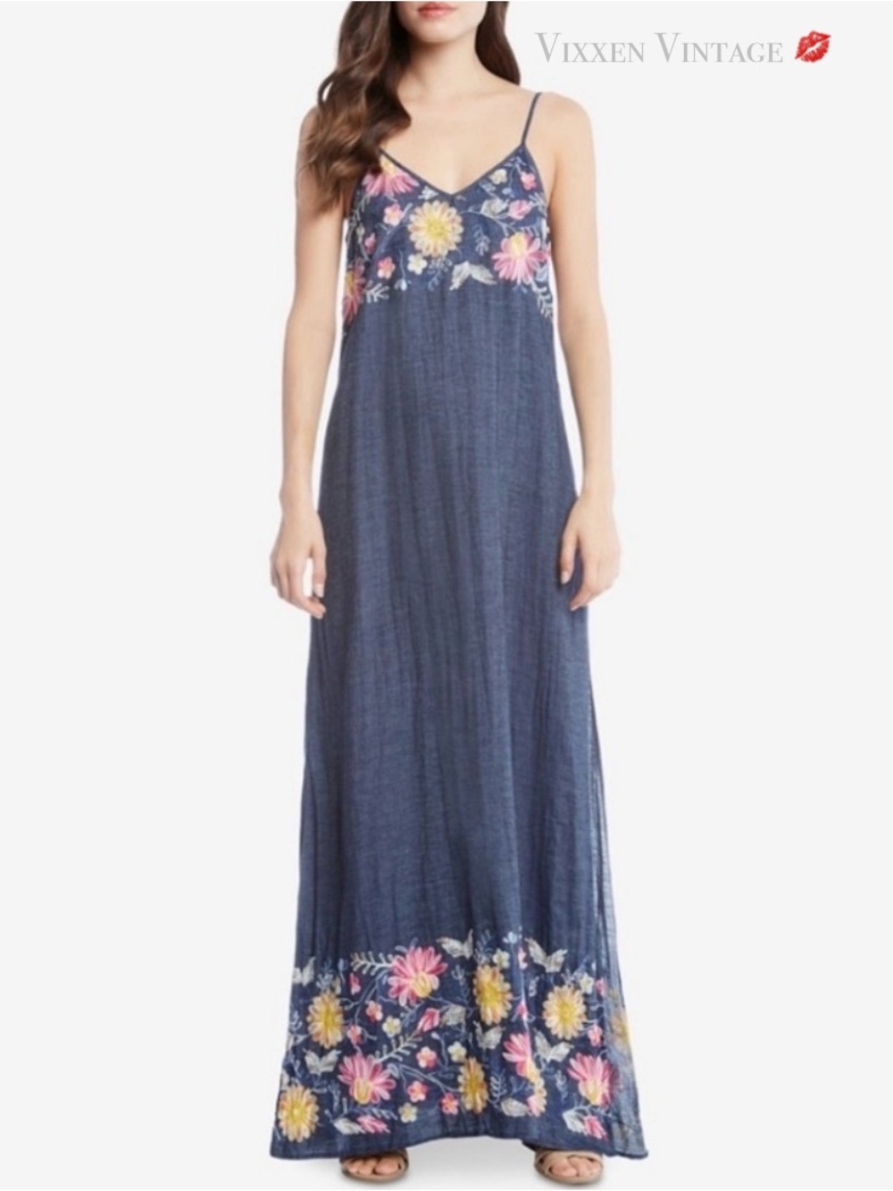 KAREN KANE FLORAL EMBROIDERED ‘PINK LEMONADE MAXI DRESS’ IN DENIM - Picture 2 of 7